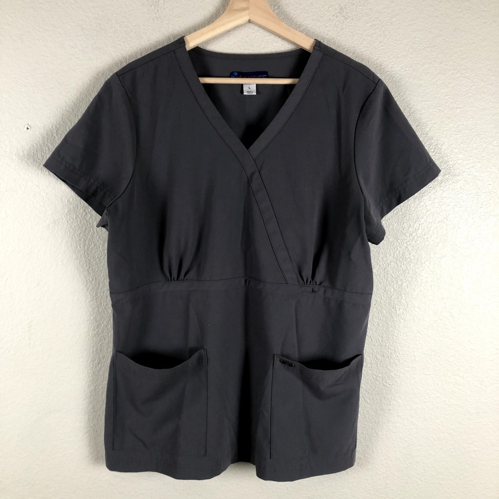 Koi Sapphire Scrub Top Womens L Gray Wrap V‎ Neck Stretch Medical Uniform 137DD